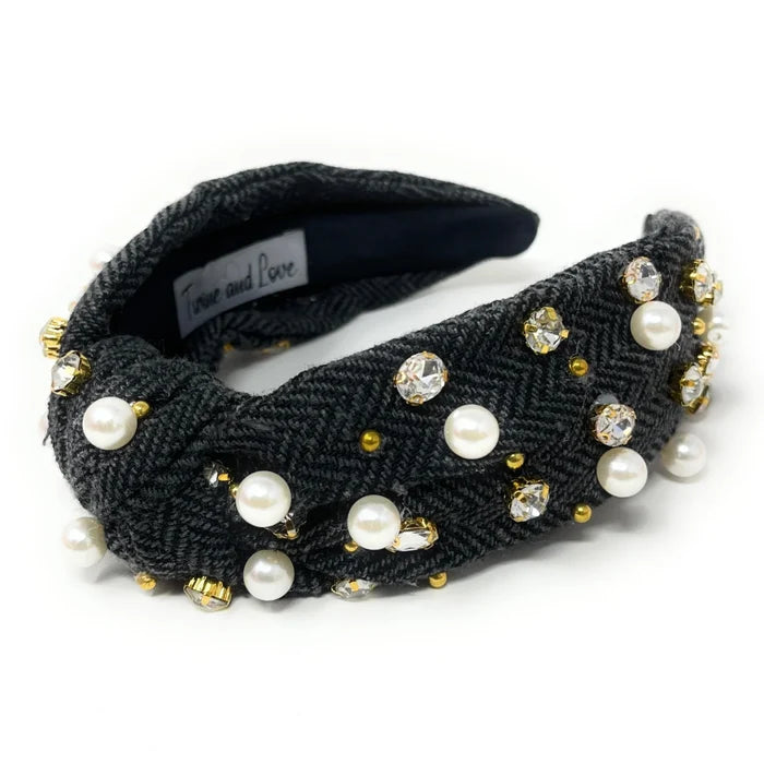Dark Gray Plaid Knot Jeweled Headband - Greige Goods
