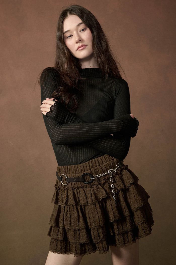 Darling Doll Ruffled Bouclé-Knit Lace-Trim Mini Skort - ShopPromesa