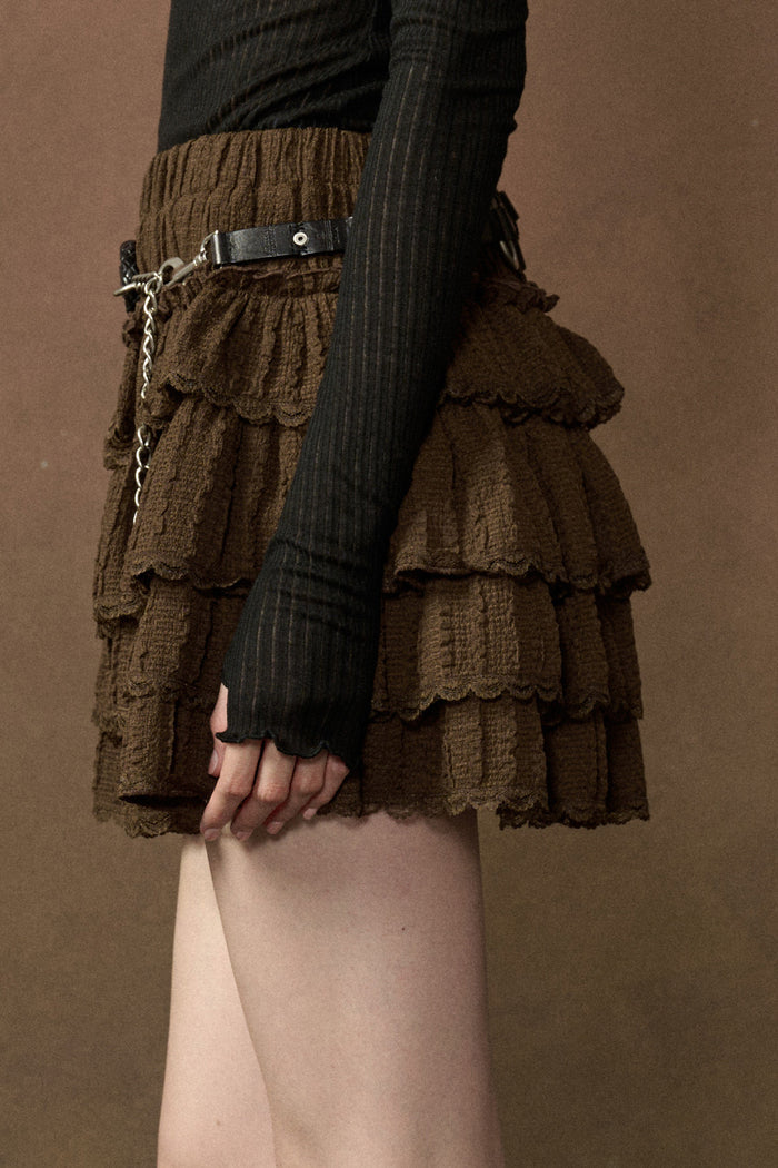 Darling Doll Ruffled Bouclé-Knit Lace-Trim Mini Skort - ShopPromesa