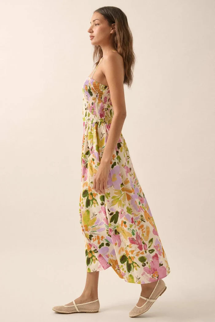 Dawn Dreams Smocked Floral Halter Midi Dress - ShopPromesa