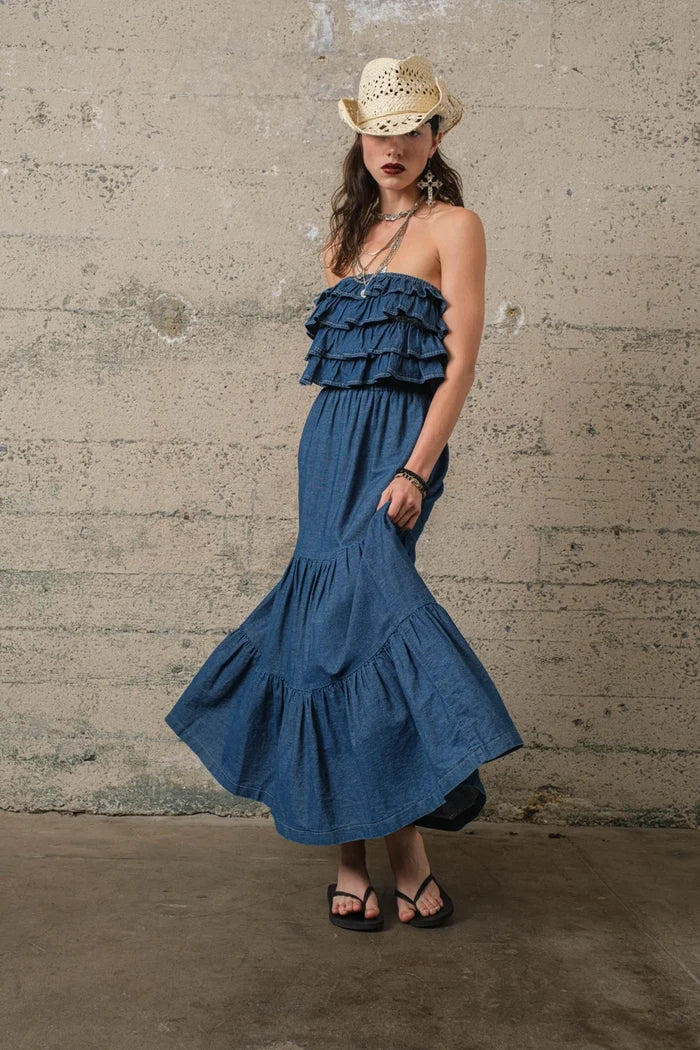Denim Ruffle Strapless Top - Greige Goods