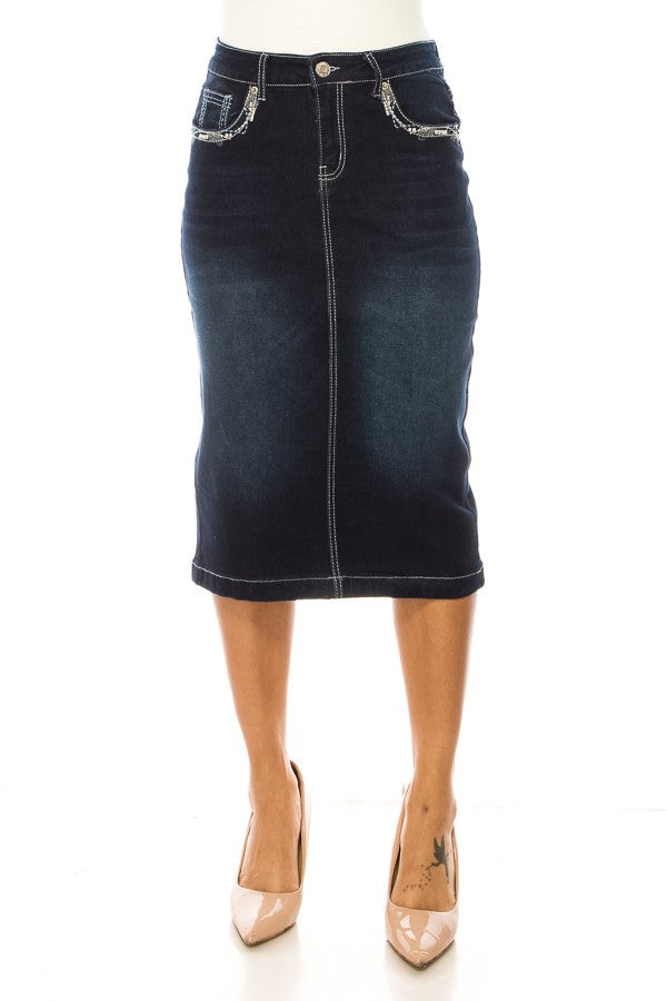 Dk Indigo Detailed Denim Skirt