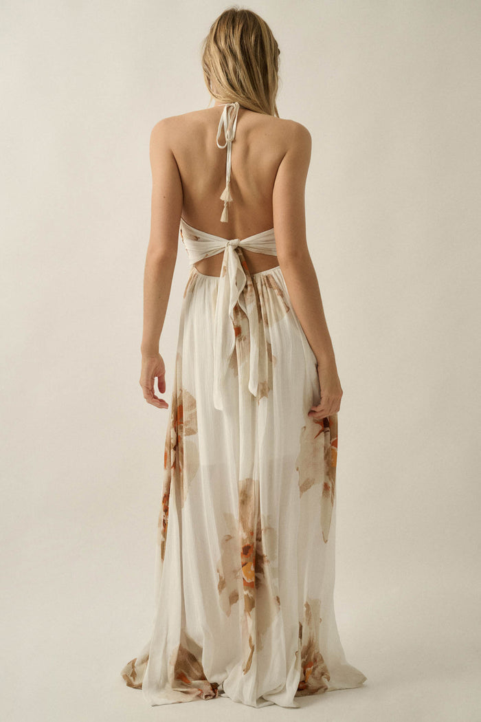 Dreams Abloom Floral Crepe Tie-Back Halter Maxi Dress - ShopPromesa