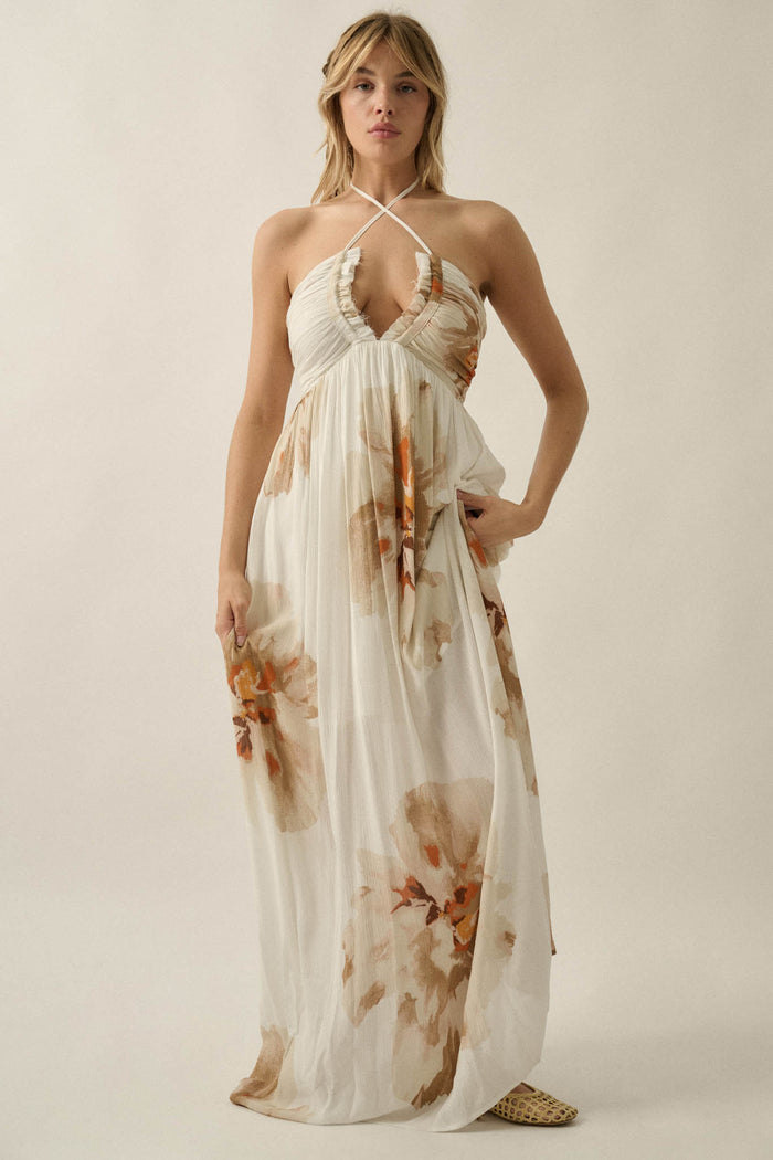 Dreams Abloom Floral Crepe Tie-Back Halter Maxi Dress - ShopPromesa