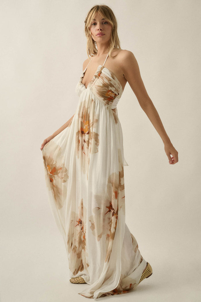 Dreams Abloom Floral Crepe Tie-Back Halter Maxi Dress - ShopPromesa