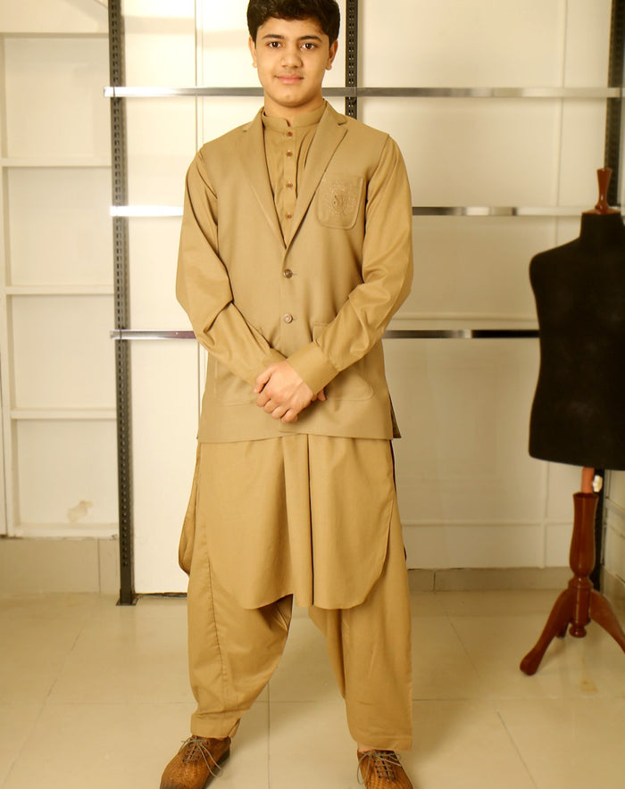Earth Yellow WaistCoat for Men with matching Shalwar Kameez