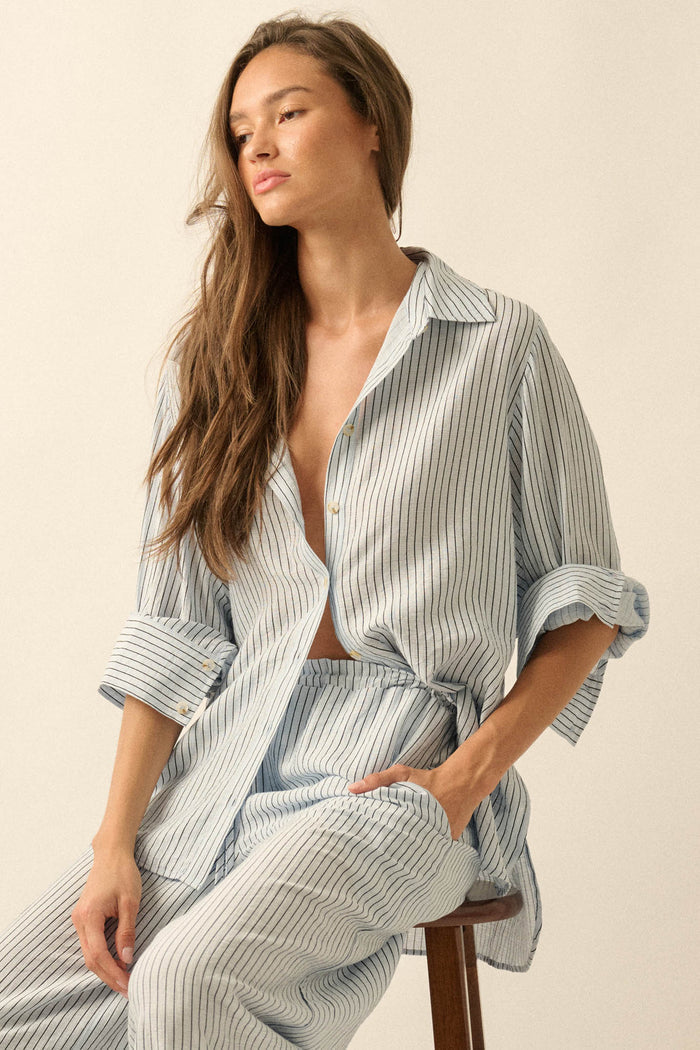 Easy Morning Pinstripe Oversize Button-Up Shirt - ShopPromesa