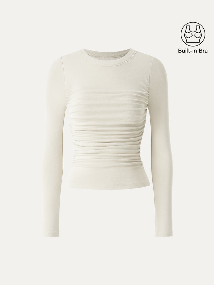 OGLmove Eco-Mousse® Boatneck Long Sleeve Open-Back Ruched Bra Top Off White XXS