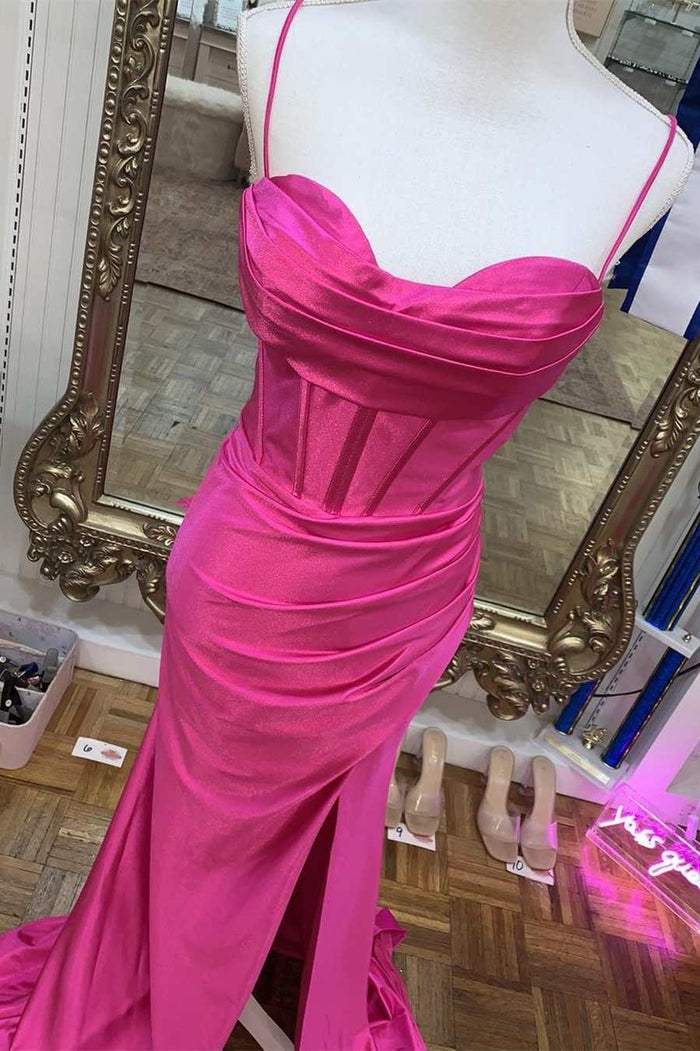 Elegant Hot Pink Mermaid Slit Long Formal Dress
