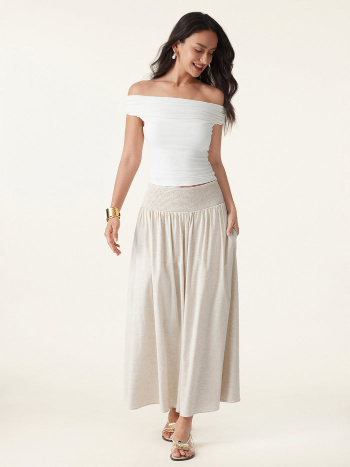 OGLmove European Linen Smocked Waist Skirt with Pockets Linen Ivory XS