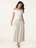 OGLmove European Linen Smocked Waist Skirt with Pockets Linen Ivory XS
