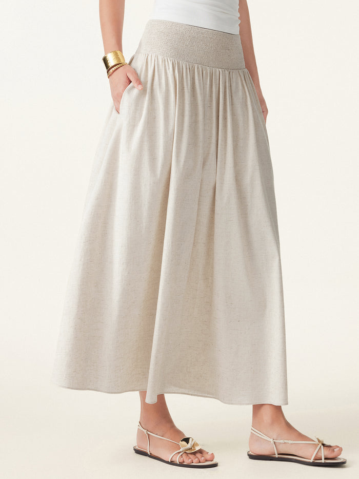 OGLmove European Linen Smocked Waist Skirt with Pockets