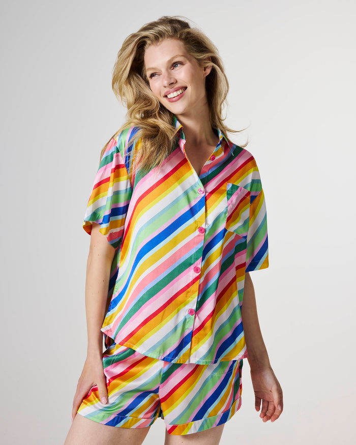 Fete Diagonal Stripe Adult Eco Satin Short Sleeve Shirt & Short Pyjama Set