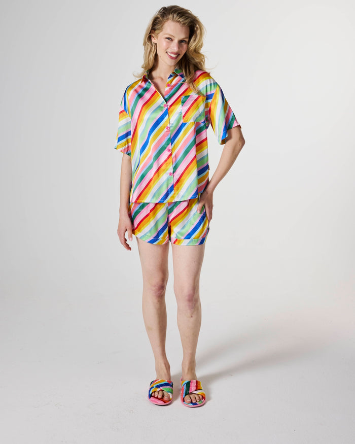 Fete Diagonal Stripe Adult Eco Satin Short Sleeve Shirt & Short Pyjama Set