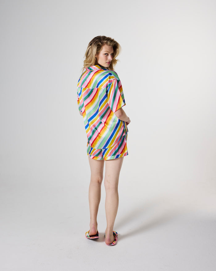 Fete Diagonal Stripe Adult Eco Satin Short Sleeve Shirt & Short Pyjama Set