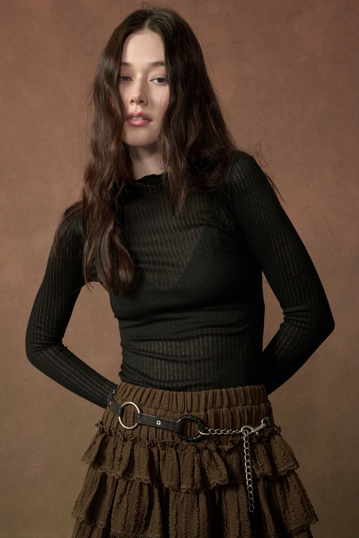 Fine Lines Sheer Ribbed Knit Mock-Neck Thumbhole Top - ShopPromesa