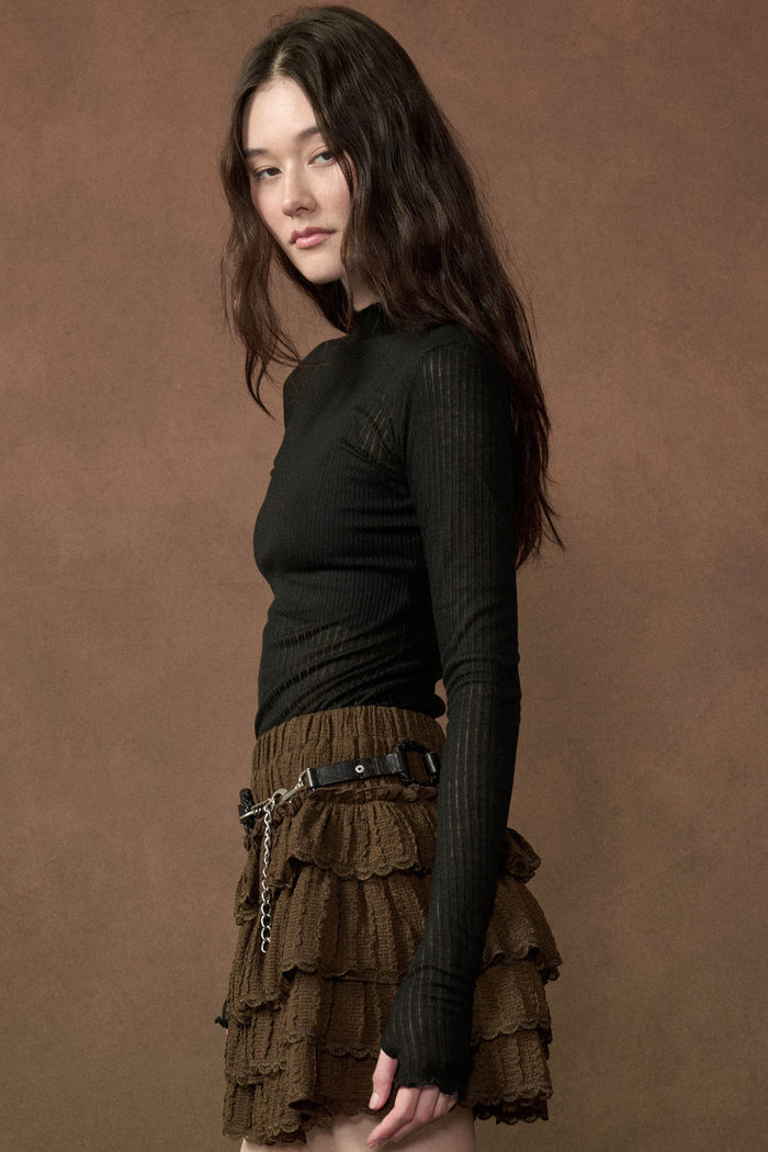 Fine Lines Sheer Ribbed Knit Mock-Neck Thumbhole Top - ShopPromesa