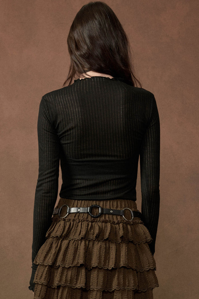Fine Lines Sheer Ribbed Knit Mock-Neck Thumbhole Top - ShopPromesa