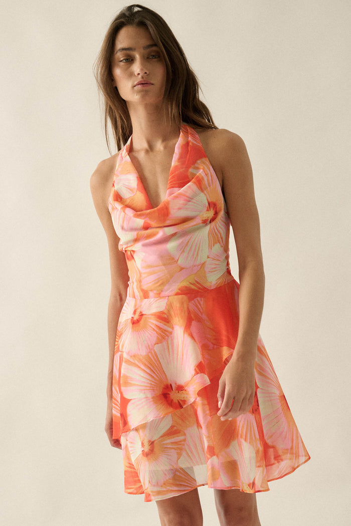 Floral Shores Floral Chiffon Cowl-Neck Mini Dress - ShopPromesa