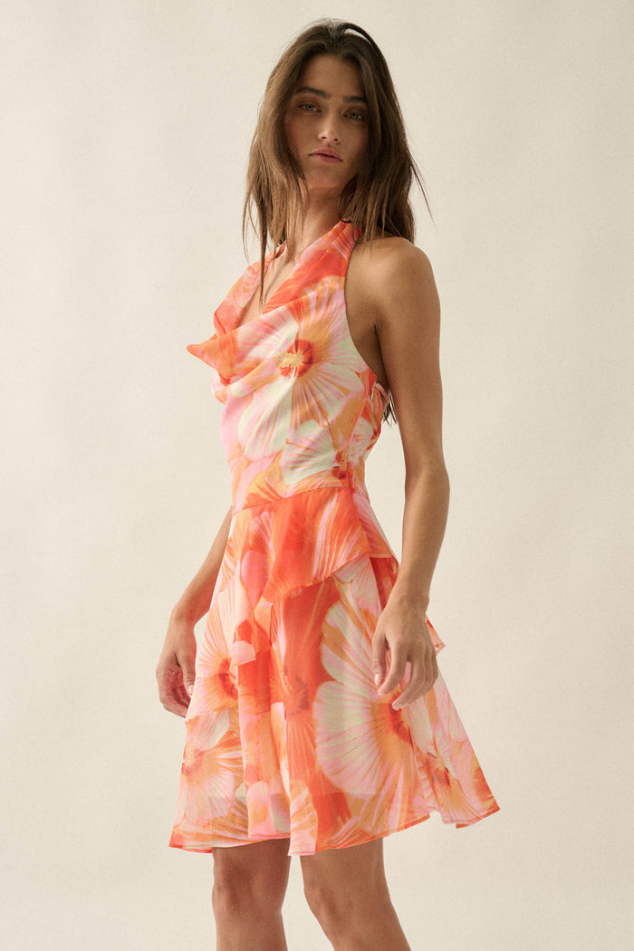 Floral Shores Floral Chiffon Cowl-Neck Mini Dress - ShopPromesa