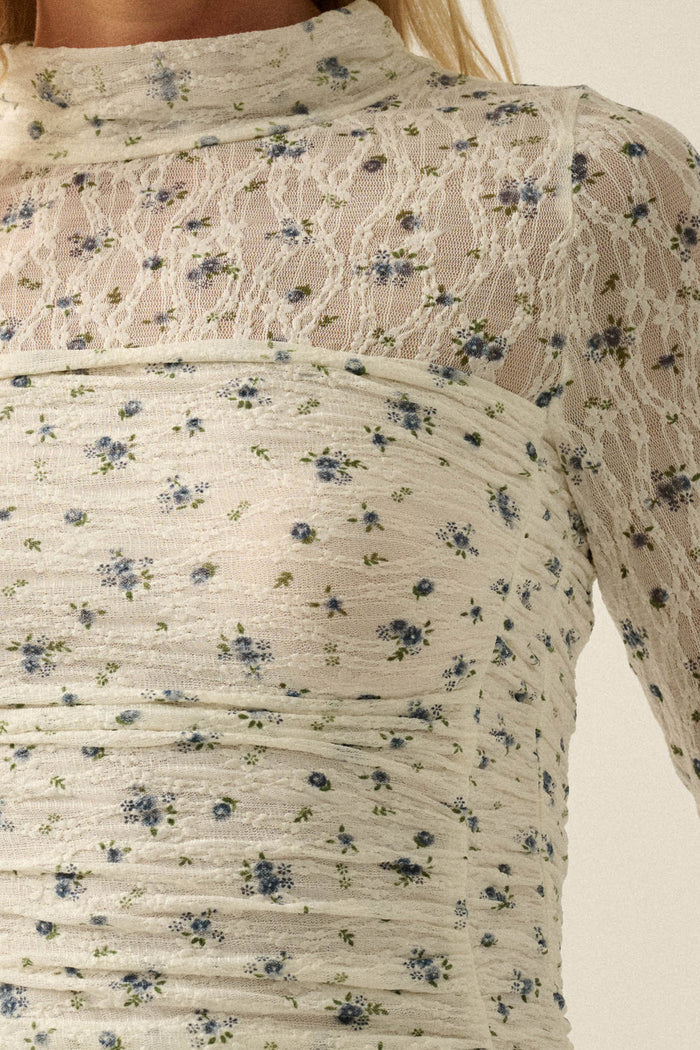 Forget Me Not Floral-Print Lace Ruched Bodysuit - ShopPromesa