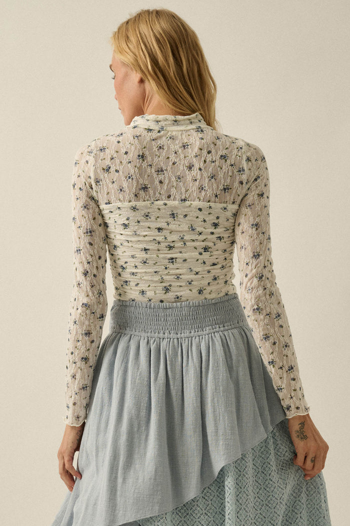 Forget Me Not Floral-Print Lace Ruched Bodysuit - ShopPromesa