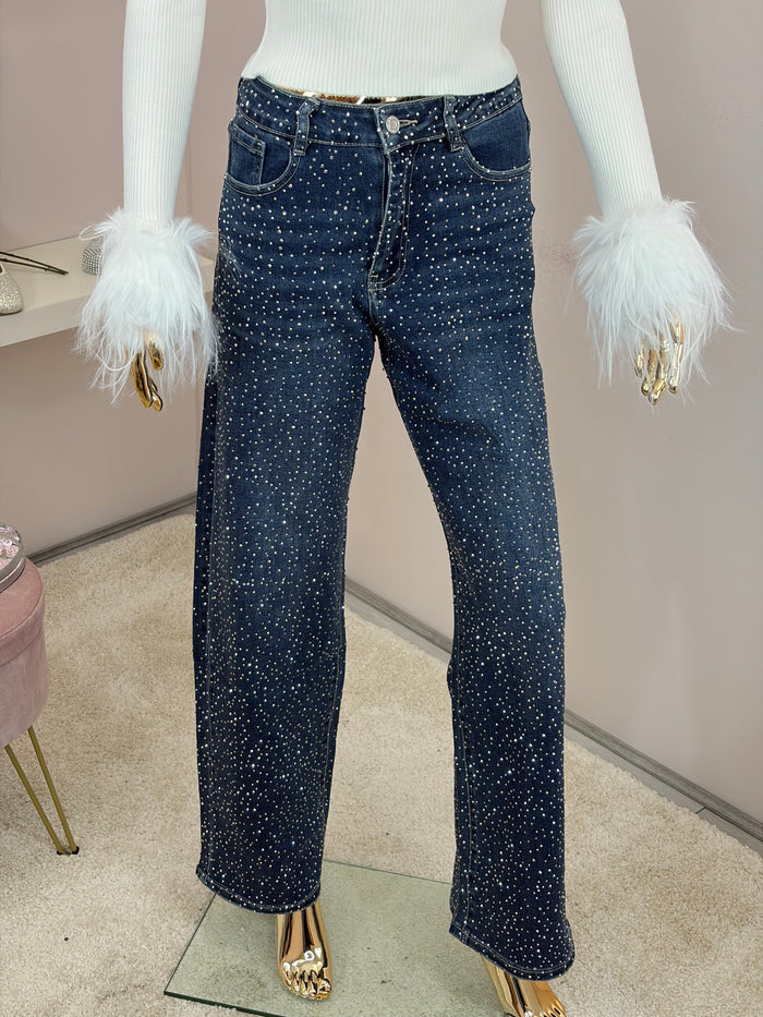Full Diamanté Embellished Wide Fit Jeans