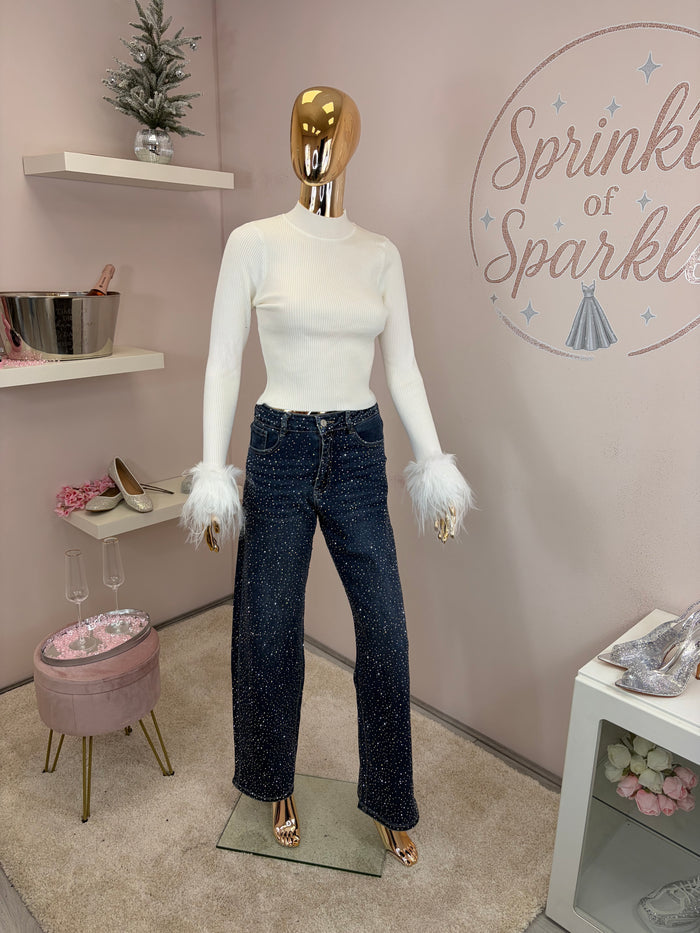 Full Diamanté Embellished Wide Fit Jeans
