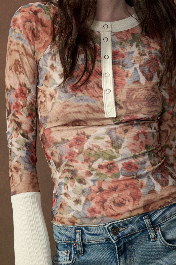 Full of Joy Floral Mesh Raglan Henley Top - ShopPromesa