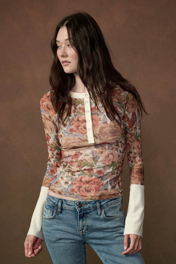 Full of Joy Floral Mesh Raglan Henley Top - ShopPromesa