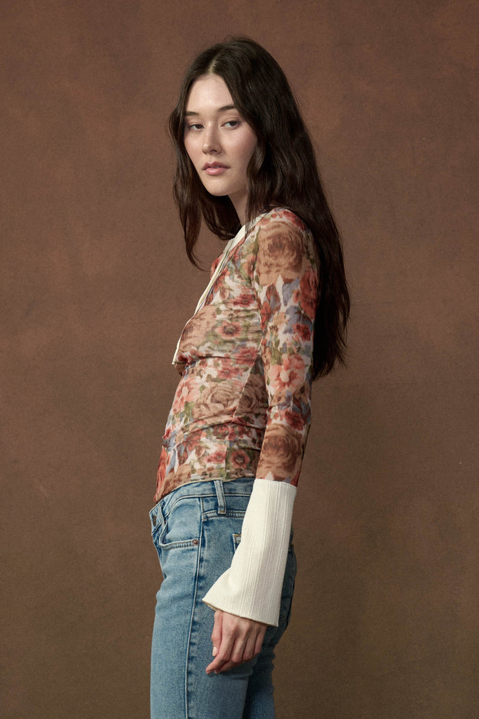 Full of Joy Floral Mesh Raglan Henley Top - ShopPromesa
