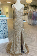 Gold Sequin V-Neck Mermaid Long Prom Gown with Slit