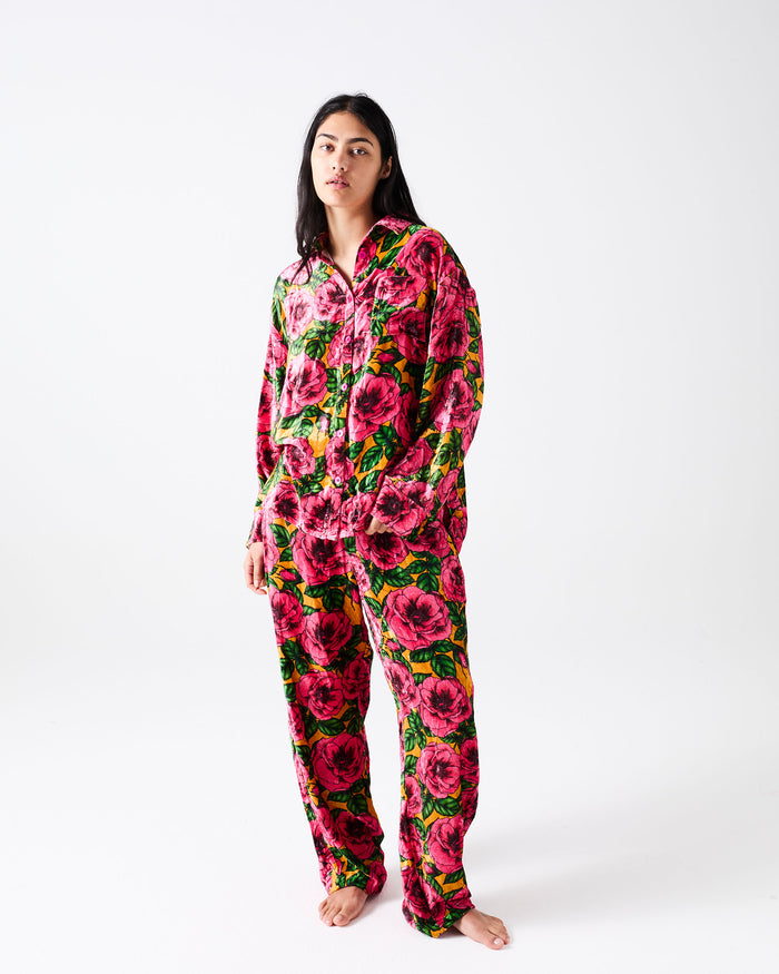 Golden Peony Adult Velvet Long Sleeve Shirt & Pant Pyjama Set