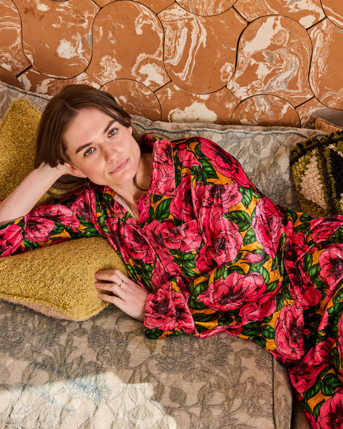 Golden Peony Adult Velvet Long Sleeve Shirt & Pant Pyjama Set