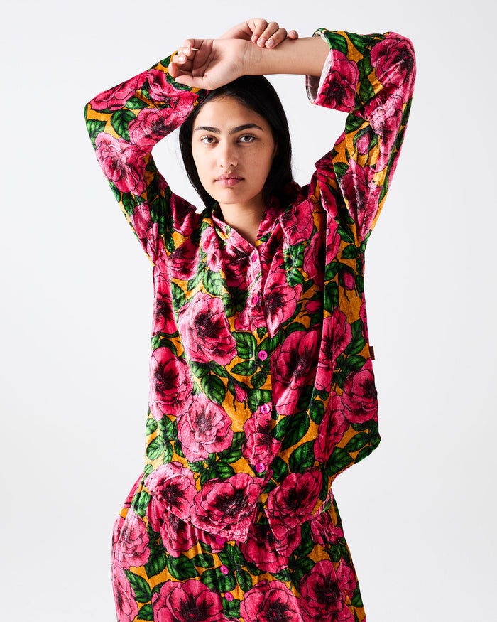 Golden Peony Adult Velvet Long Sleeve Shirt & Pant Pyjama Set