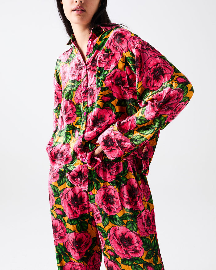 Golden Peony Adult Velvet Long Sleeve Shirt & Pant Pyjama Set