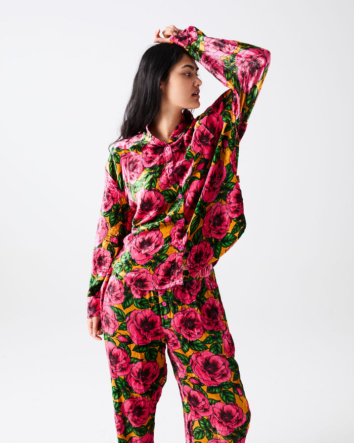 Golden Peony Adult Velvet Long Sleeve Shirt & Pant Pyjama Set
