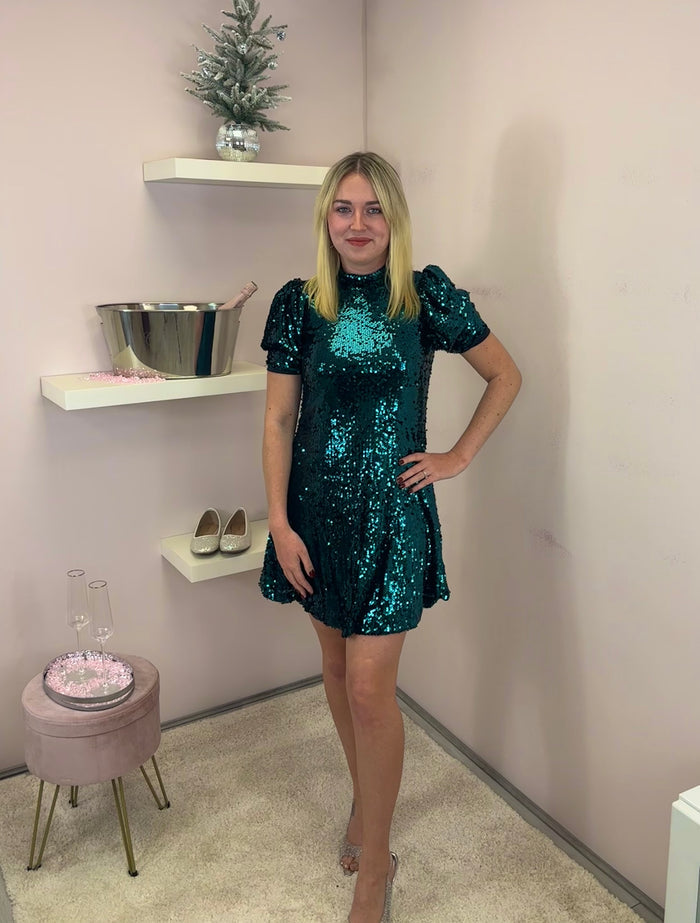 Green Puff Sleeve High Neck Sequin Dress