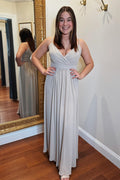Grey Straps Surplice Pleated Chiffon Long Bridesmaid Dress