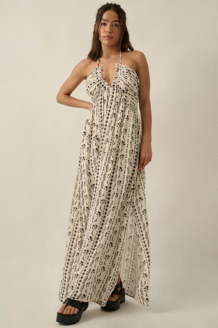 Growing My Way Floral-Stripe Crepe Halter Maxi Dress - ShopPromesa