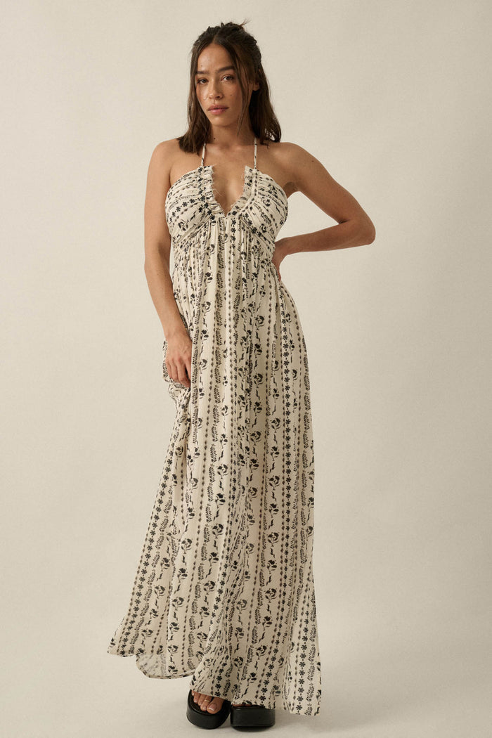 Growing My Way Floral-Stripe Crepe Halter Maxi Dress - ShopPromesa