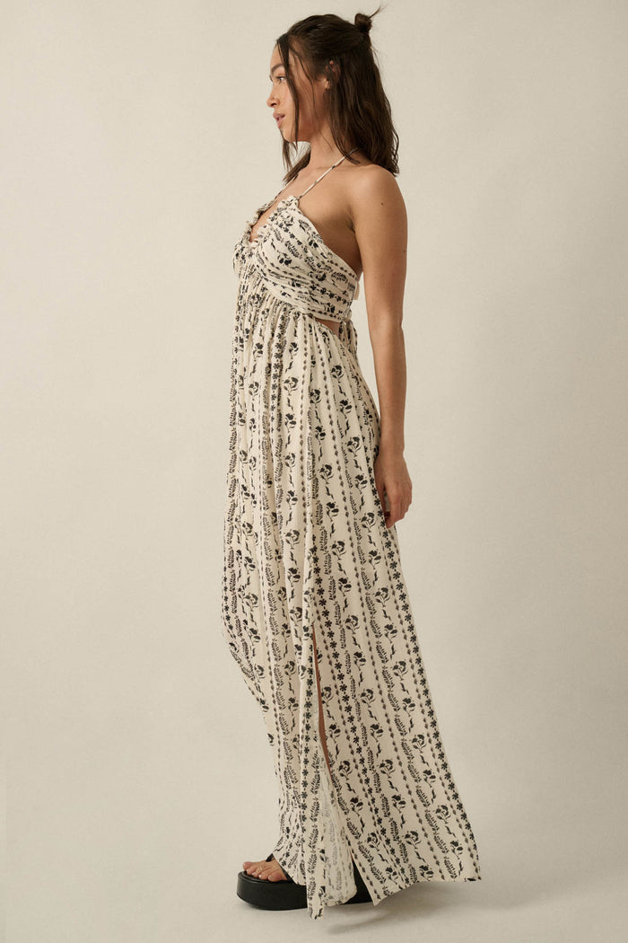Growing My Way Floral-Stripe Crepe Halter Maxi Dress - ShopPromesa