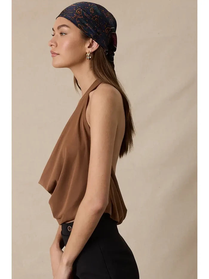 Halter Tie V-Neck Mesh Top - Greige Goods