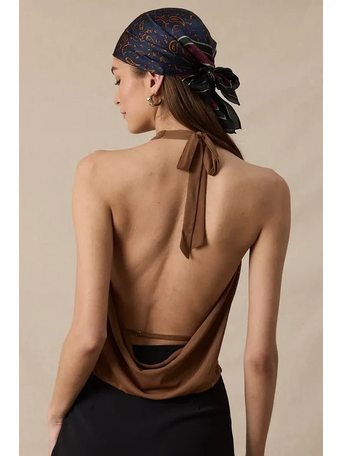 Halter Tie V-Neck Mesh Top - Greige Goods