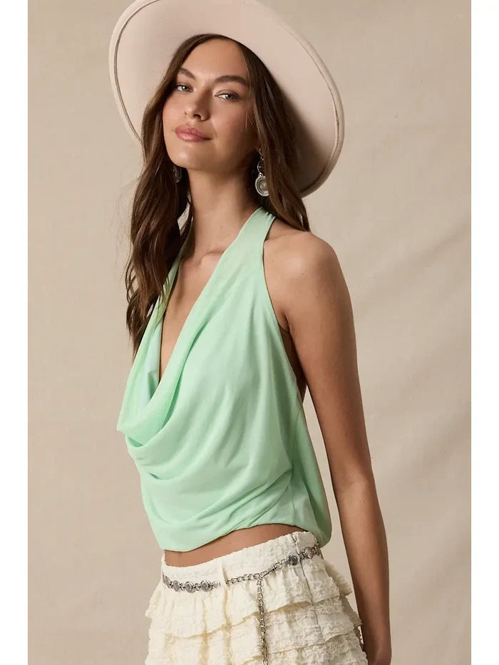 Halter Tie V-Neck Mesh Top - Greige Goods