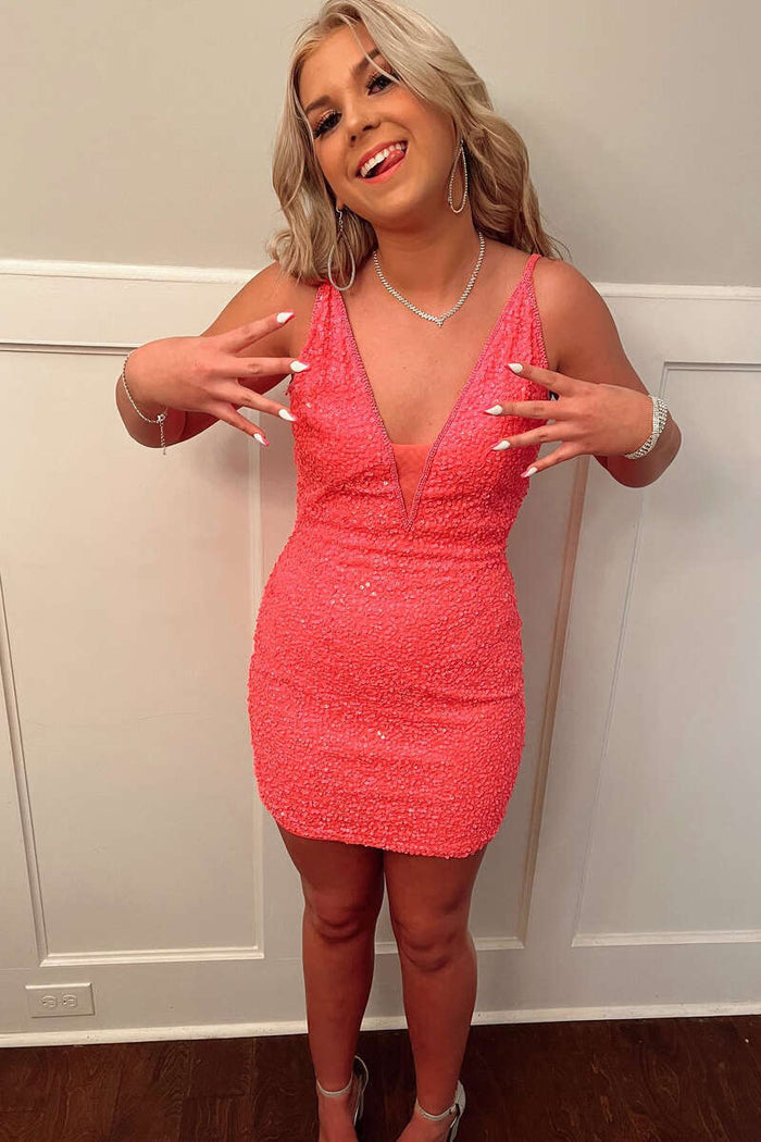 Hot Pink Sequin Plunge V Short Homecoming Dress