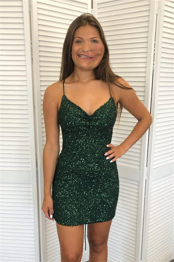 Hunter Green Sequins Lace-Up V Neck Homecoming Dress