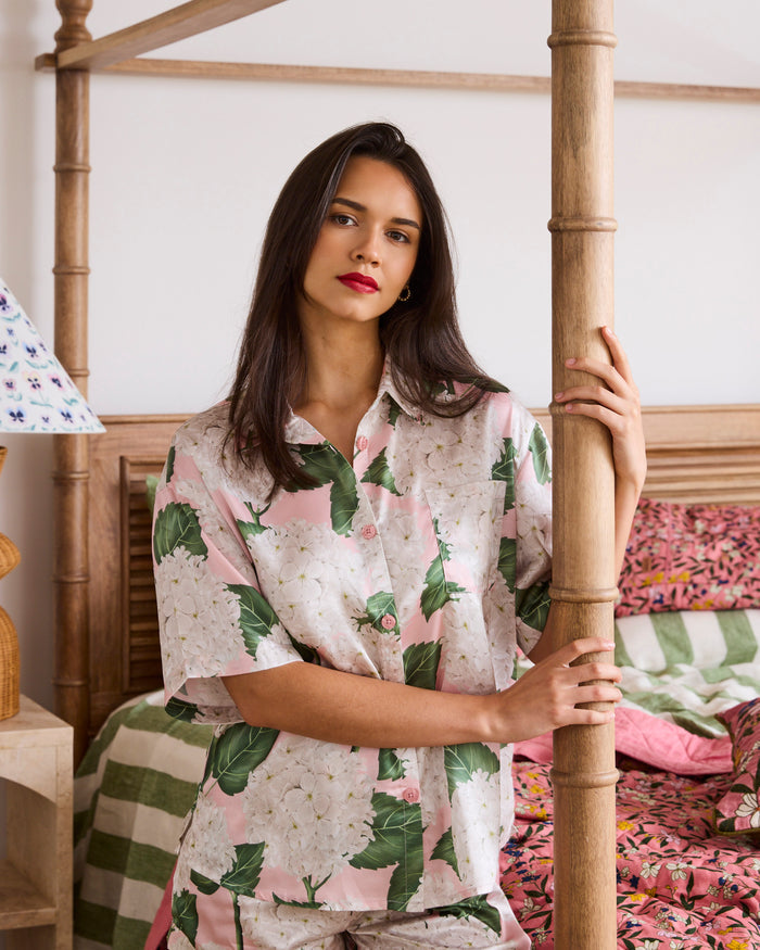 Hydrangea Pink Adult Eco Satin Short Sleeve Shirt & Short Pyjama Set