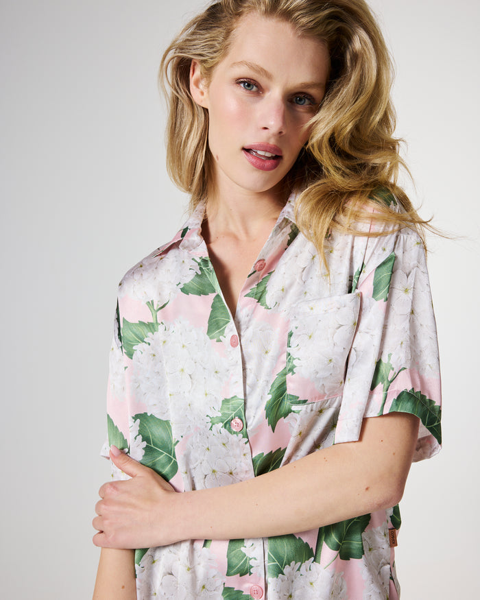 Hydrangea Pink Adult Eco Satin Short Sleeve Shirt & Short Pyjama Set
