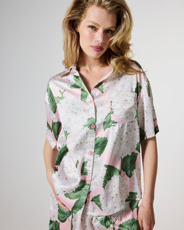 Hydrangea Pink Adult Eco Satin Short Sleeve Shirt & Short Pyjama Set